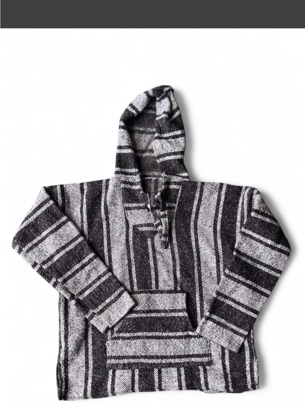 Men's Striped Hooded Baja Pullover in Black and Gray